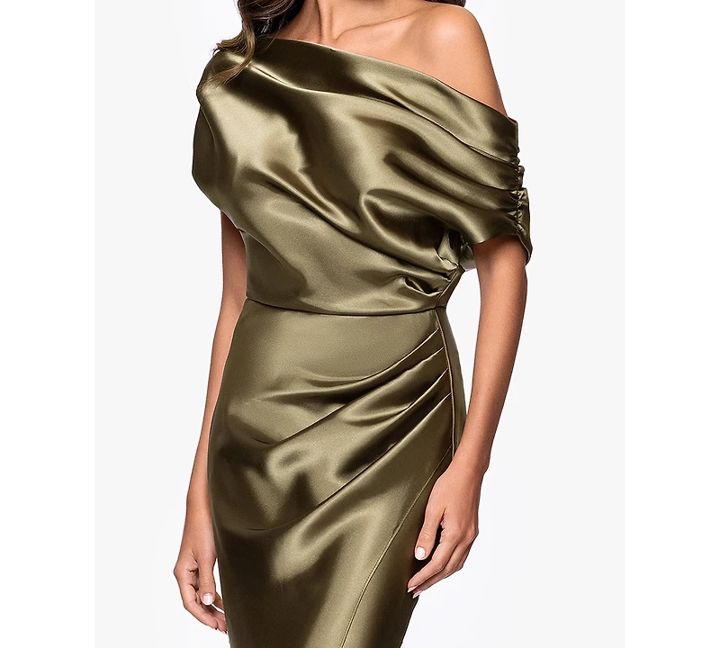 Betsy & Adam Petite Draped Asymmetrical Neck Ball Gown