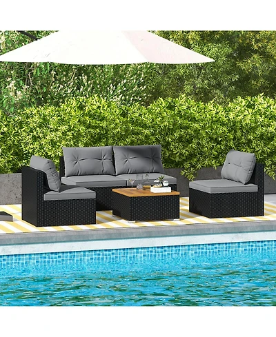 Gymax Set Of 5 Outdoor Furniture Set w/ Seat and Back Cushions Acacia Wood Tabletop