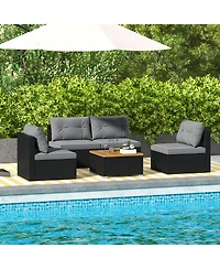 Gymax Set Of 5 Outdoor Furniture Set w/ Seat and Back Cushions Acacia Wood Tabletop
