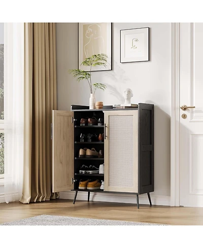 Shoe Cabinet with Doors 5 Tier Rattan Shoe Storage Adjustable Shelf Organizer Cabinet for Entryway Hallway