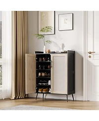 Shoe Cabinet with Doors 5 Tier Rattan Shoe Storage Adjustable Shelf Organizer Cabinet for Entryway Hallway