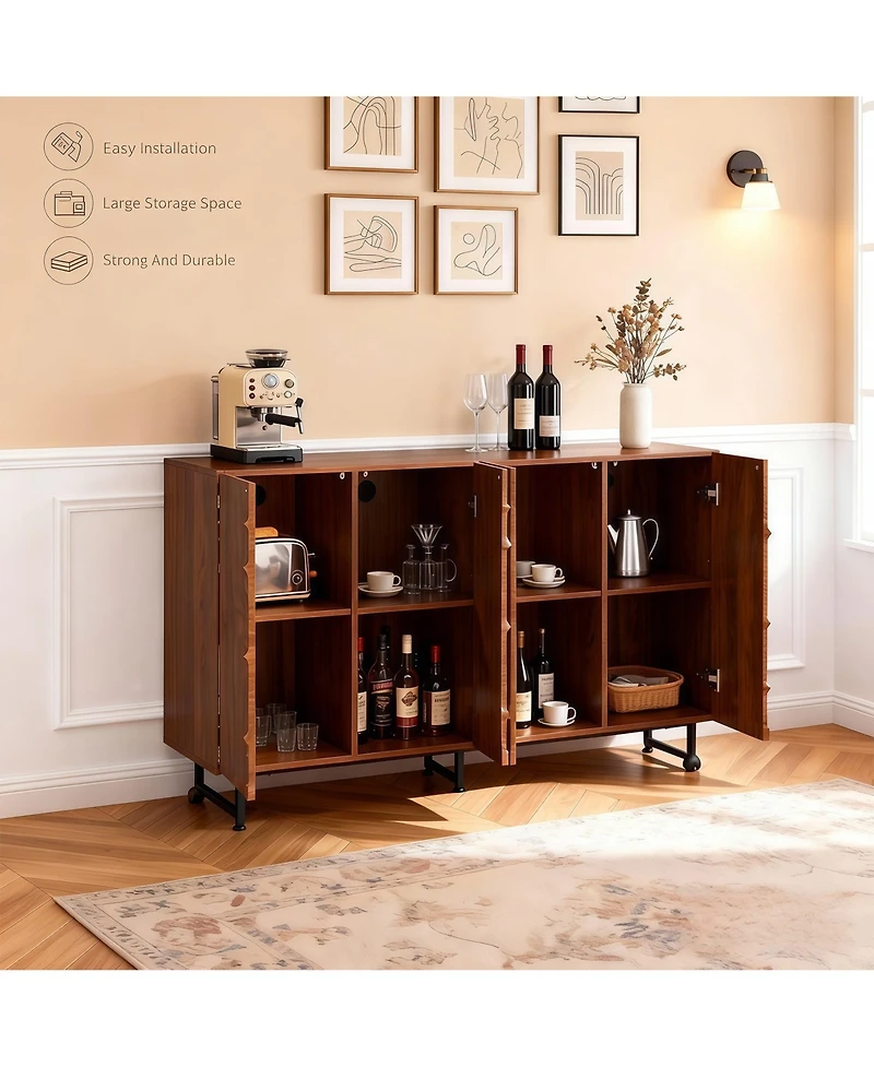 Clihome 59" Modern Solid Wood Sideboard with Wave Relief & Iron Legs
