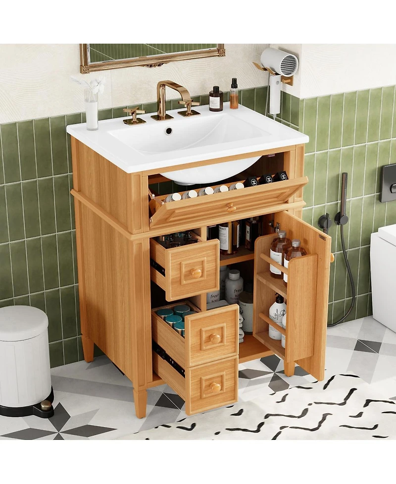 Sillysis 24" Freestanding Bathroom Vanity with Ceramic Sink, Solid Wood & Mdf, Soft-Close Drawers, Flip-Out Storage for Modern Bathrooms
