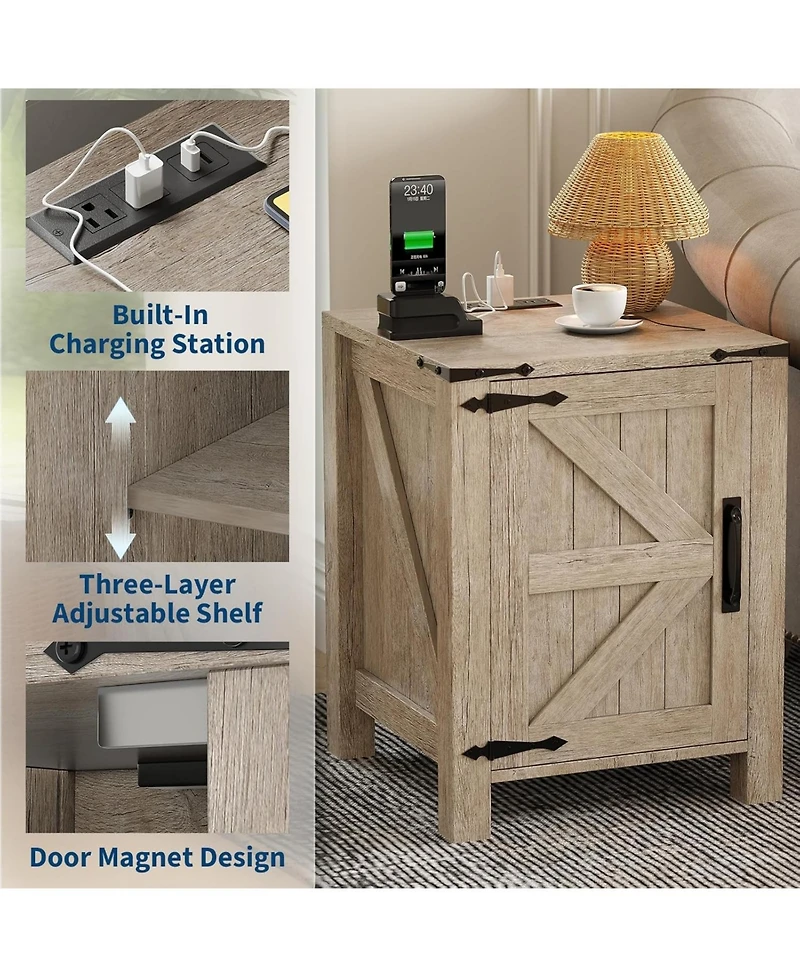 gaomon Bedside Tables Set of 2 with Usb Charging Station – Rustic Wood Bedside Tables with Sliding Barn Door, Adjustable Shelf