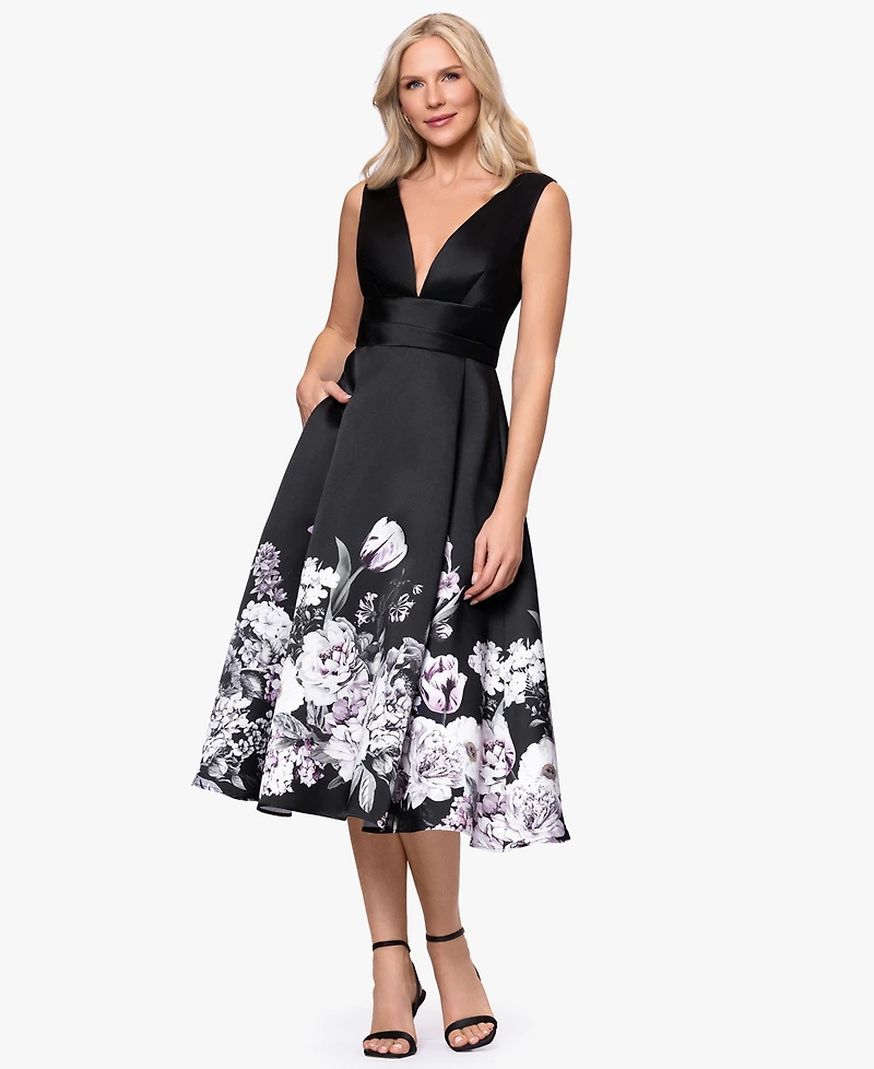 Betsy & Adam Women's Floral Border V-Neck Midi Dress