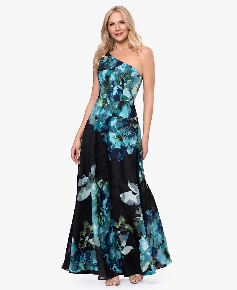 Betsy & Adam Women's One-Shoulder Burnout Print Ball Gown