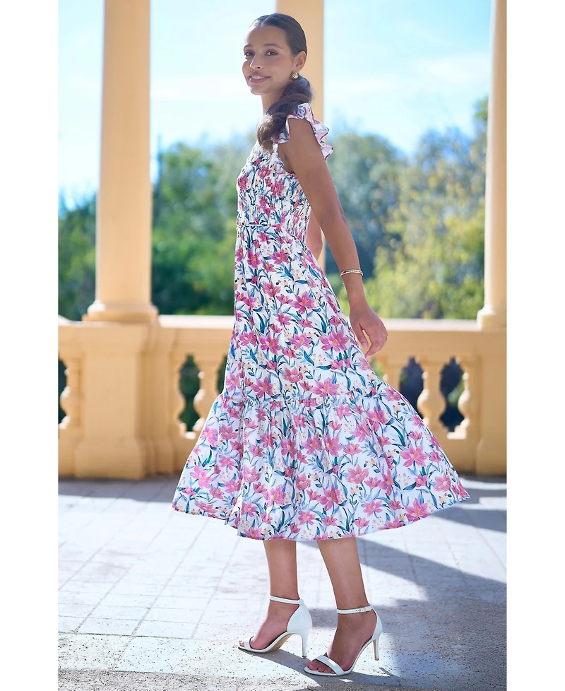 Yumi Women's Viscose Floral Ruched Waist Midi Dress