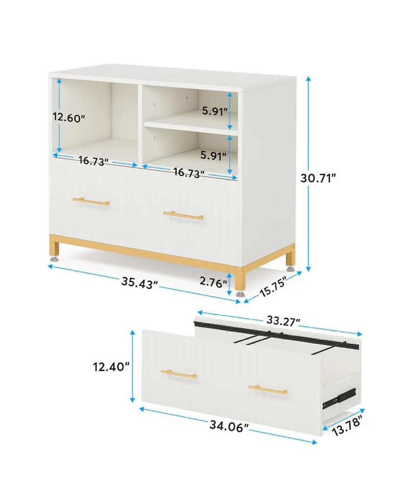Rainsken File Storage Cabinet for Letter/Legal/A4 Size Files, Modern Wood Lateral File Cabinet with Drawer and 3 Open Storage Spaces for Home Office