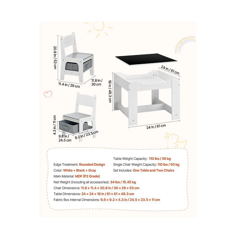 Slickblue Wooden Kids Table and 2 Chairs Set with Storage Space