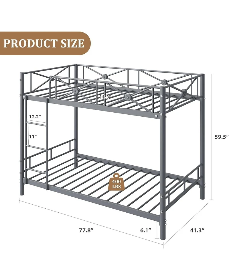 gaomon Industrial Twin Over Twin Bunk Bed, Heavy-Duty Steel Frame with Safety Guard Rails & Quiet Slats, Space-Saving for Kids, Steel Bed for School