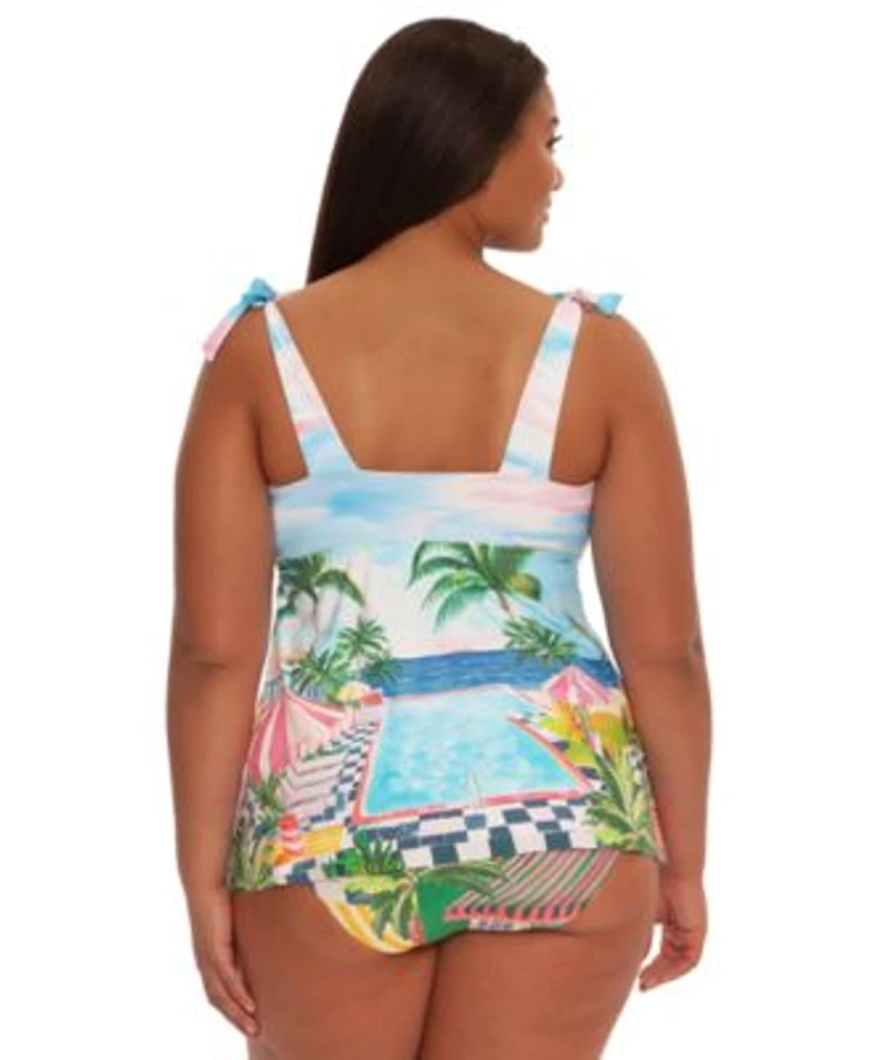 Becca Etc Plus Size Miami Beach Tie Shoulder Tankini Top Shirred Side Hipster Bottoms