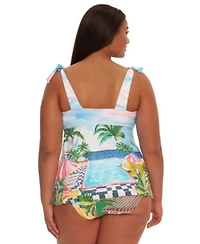 Becca Etc Plus Size Miami Beach Tie Shoulder Tankini Top Shirred Side Hipster Bottoms