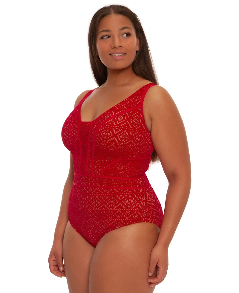 Becca Etc Plus Color Play Crochet Plunge One-Piece Swimsuit