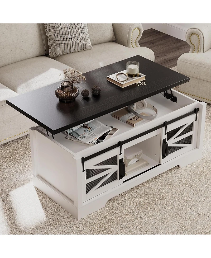 gaomon Lift Top Coffee Table, Multifunctional Table with Sliding Barn Door, Hidden Storage Compartment, Lifting Tabletop, Adjustable Shelf