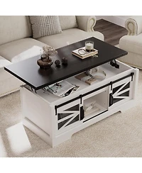 gaomon Lift Top Coffee Table, Multifunctional Table with Sliding Barn Door, Hidden Storage Compartment, Lifting Tabletop, Adjustable Shelf