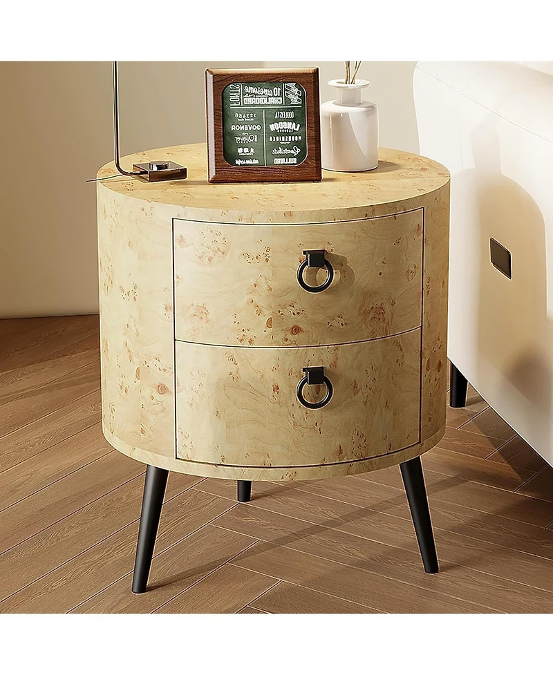 gaomon Modern Round Wood-Grain Side Table with 2 Drawers and Metal Legs