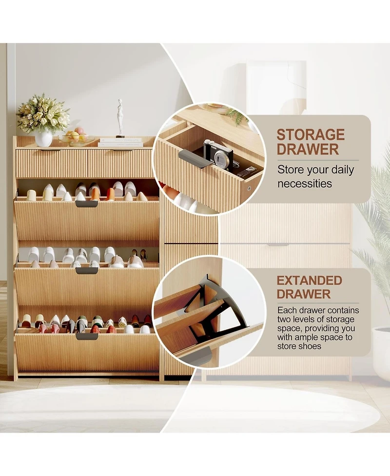 gaomon Wave Design Shoe Cabinet with 3 Slip Drawers, 2 Drawers, Raised Edges, Fluted Shoe Cabinet, Slim Hidden Shoe Organizer, Wooden Shoe Storage