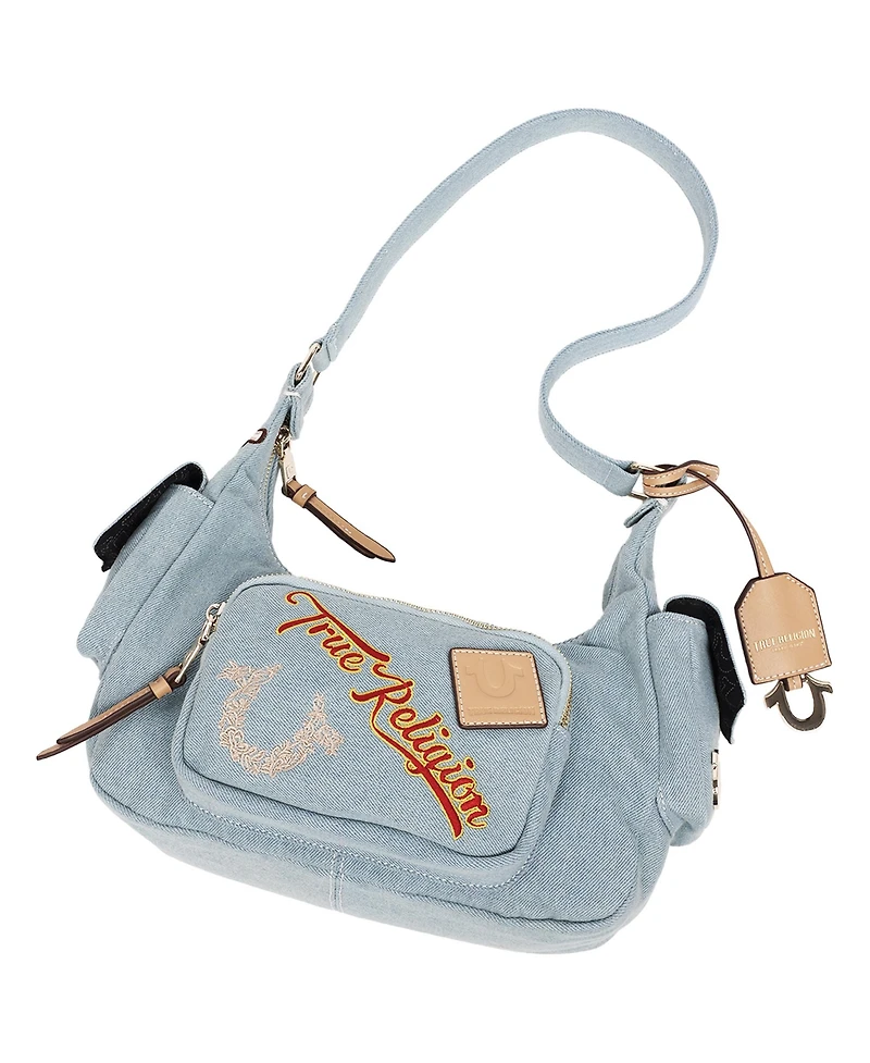 True Religion Multi-Patch Denim Hobo Shoulder Bag