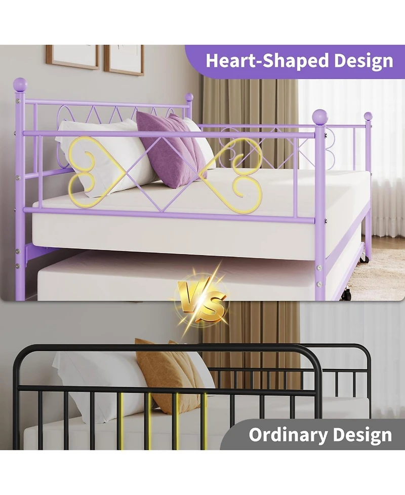 gaomon Kids Daybed with Trundle, Purple, Heart Metal Headboard, Steel Slats, Easy Assembly