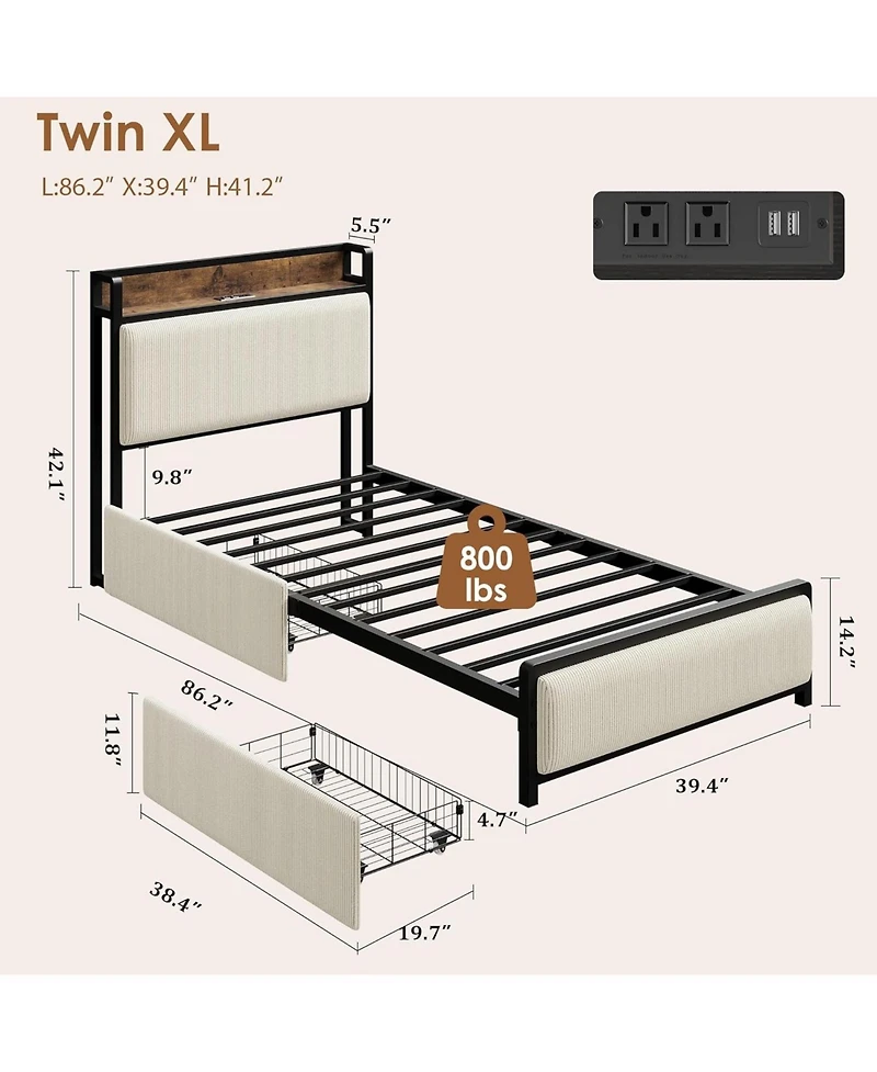 gaomon Bed Frame with Storage Headboard, Black Corduroy Upholstered Twin Platform Bedframe with Storage Drawers and Charging Station