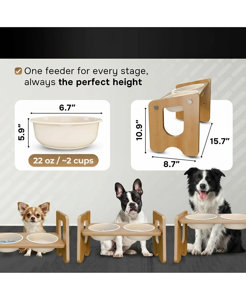 Aronkl Ceramic Dog Bowl with Stand Adjustable 3 Heights 13° Tilt 2×22 Oz Non-slip Bamboo Stand