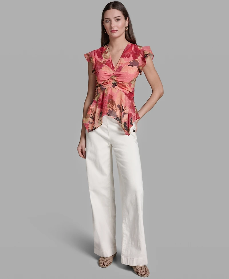 Bcbg Women's Ruched Flutter-Sleeve Printed Top