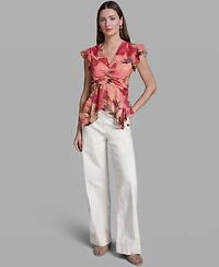 Bcbg Women's Ruched Flutter-Sleeve Printed Top