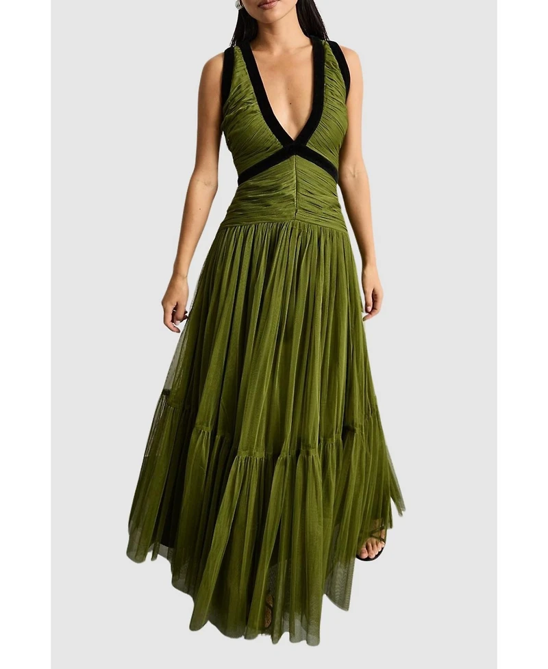 Warehouse Women's Petite Velvet Trim Tulle Maxi Dress
