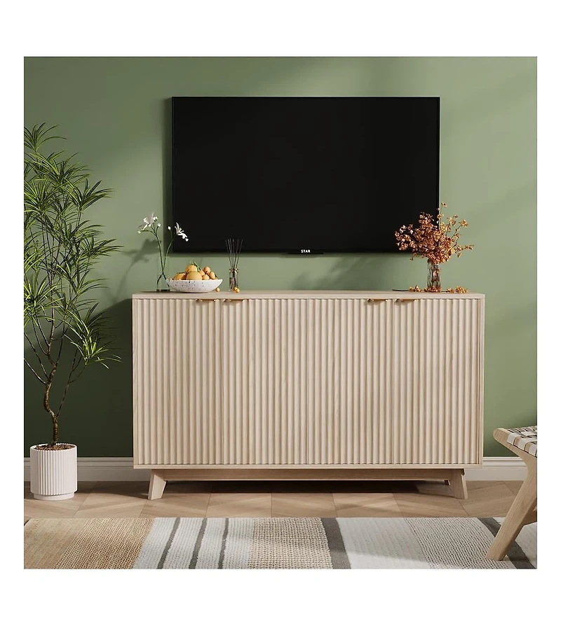 gaomon Fluted Cabinet with Storage Buffet Sideboard with Adjustable Shelves and Gold Handles for Living Room Entry and Kitchen Natural
