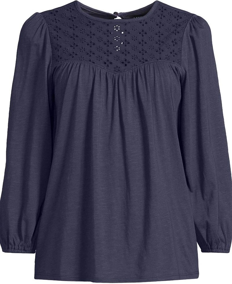 Lands' End Plus 3/4 Sleeve Eyelet Mix Flowy Top