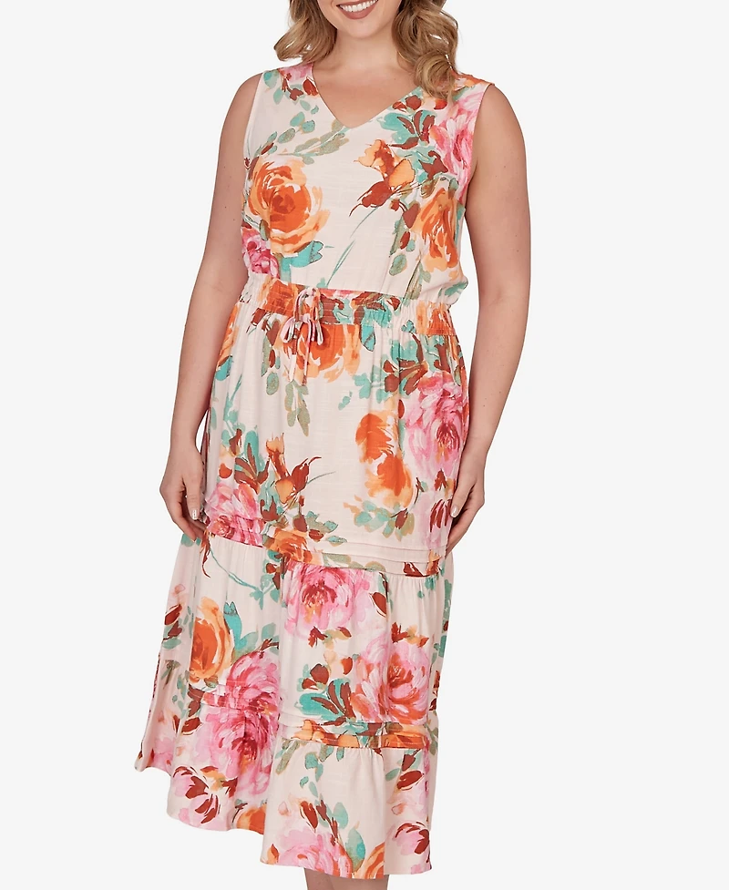 Ruby Rd. Plus Drawstring Waist Floral Linen Tiered Dress