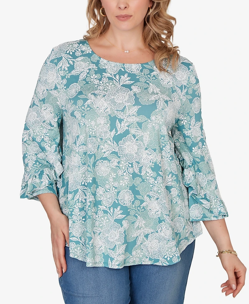 Ruby Rd. Plus Size Floral Puff Print Ruffle Knit Top