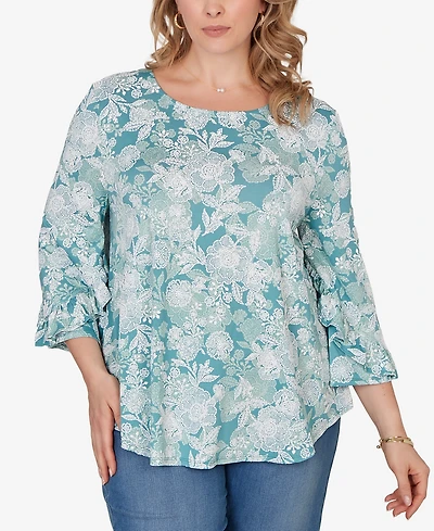 Ruby Rd. Plus Size Floral Puff Print Ruffle Knit Top