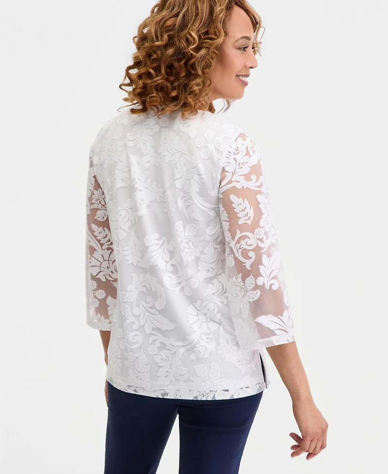 Jm Collection Women's 3/4-Sleeve Allover Burnout V-Neck Top, Macy's Exclusive