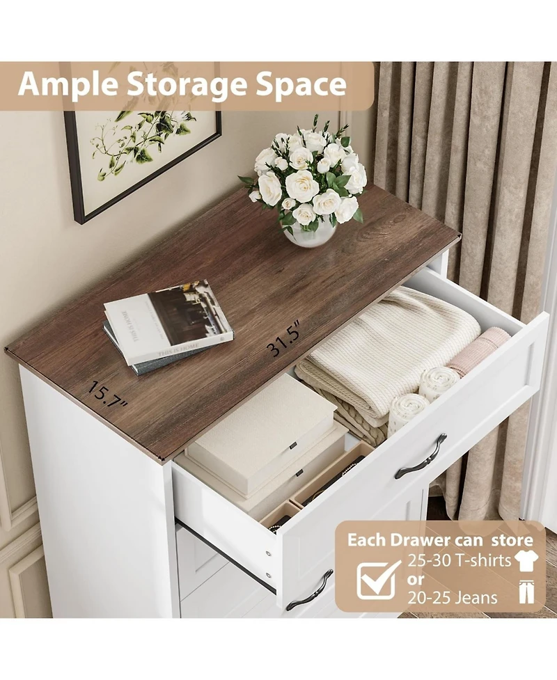 gaomon Farmhouse 5 Drawers Dresser for Bedroom, 44'' Tall Chest of Drawer, Wooden Vertical Dresser with Metal Handles and Stable Base