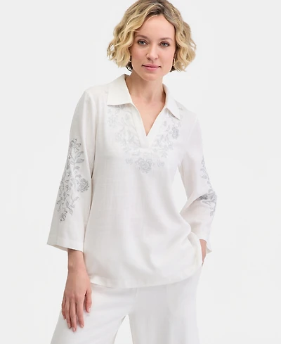 Jm Collection Women's Collared Embroidered Linen-Blend 3/4-Sleeve Top, Macy's Exclusive