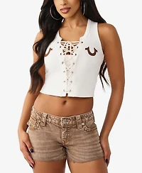 True Religion Women's Applique Lace Up Rib Tank Top