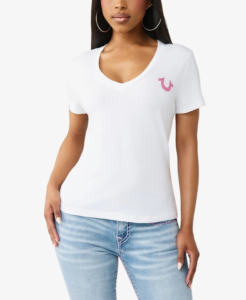 True Religion Women's Crystal Buddha V-Neck T-Shirt