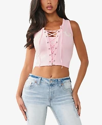True Religion Women's Applique Lace Up Rib Tank Top