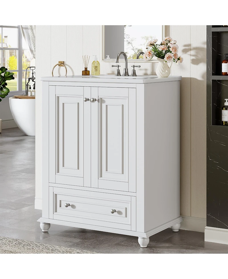 Tribesigns 24" Modern Freestanding Solid Wood Bathroom Vanity with Ceramic Sink, Adjustable Shelf Storage, Soft-Close Cabinet & Drawer