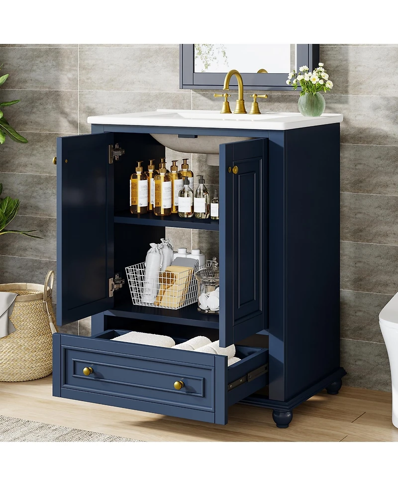 Tribesigns 24" Modern Freestanding Solid Wood Bathroom Vanity with Ceramic Sink, Adjustable Shelf Storage, Soft-Close Cabinet & Drawer