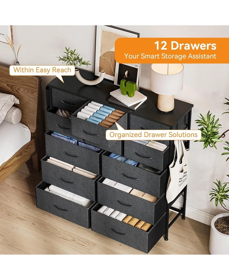 gaomon 12 Drawer Dresser with Fabric Bins,Fabric Storage Tower,Closet Organizers and Storage for Bedroom,Hallway&Entryway,Wood Top Chest of Drawers