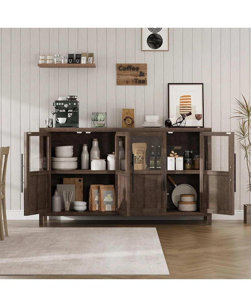 gaomon Sideboard Buffet Cabinet with 4 Glass Doors, 55 in Buffet Table Coffee Bar Wine Bar Display Cabinet for Kitchen Dining Room