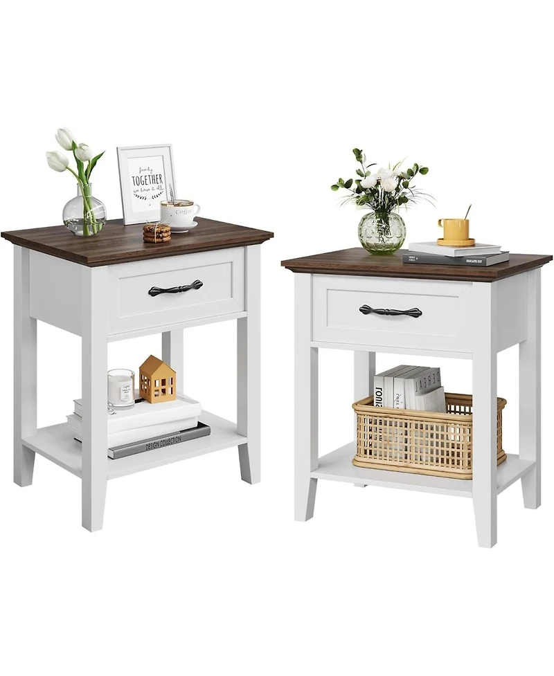 gaomon White Wooden Nightstand Set of 2 Bedside Table with Drawer Plus Open Shelf Space Saving End Table for Bedroom