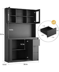 gaomon 71 Inch Tall Black Kitchen Pantry Cabinet with Microwave Shelf Led Lights and Charging