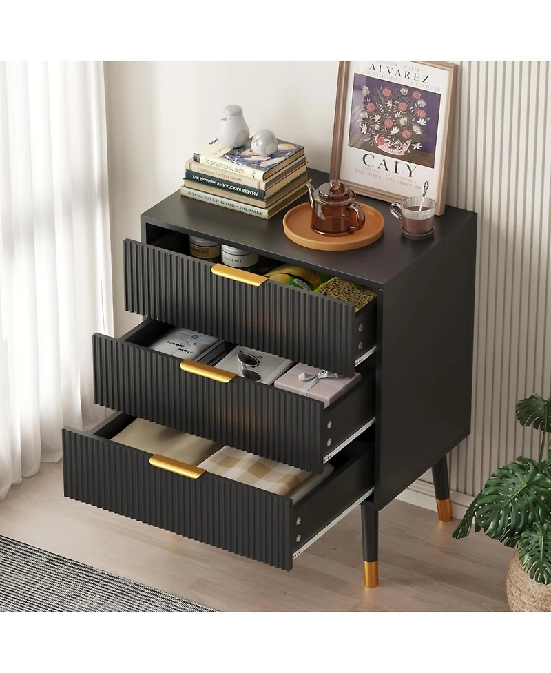 gaomon Fluted 3 Drawer Dresser Set of 2, Large Modern Nightstand Cabinet with Gold Metal Handles, End Table Wood Chest of Drawers for Bedroom