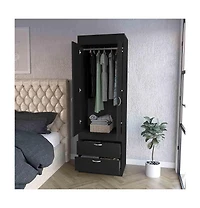 Flynama Armoire with Double Door Cabinet Two Drawers Hanging Rod Black Manufactured Wood 70.47inch High Bedroom Storage Organizer