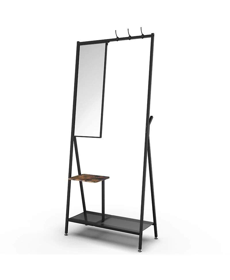 Rainsken Coat Rack with Mirror, Industrial Style Multifunctional Hall Tree with Shelf, Hooks for Living Room, Entryway, Hallway