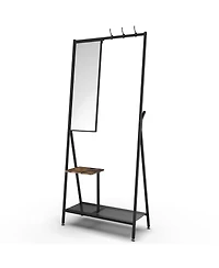 Rainsken Coat Rack with Mirror, Industrial Style Multifunctional Hall Tree with Shelf, Hooks for Living Room, Entryway, Hallway