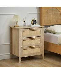 gaomon rattan nightstand with 3 drawers and a storage shelf, boho bedside table with sturdy wood legs, ideal for kids' rooms or farmhouse bedrooms.